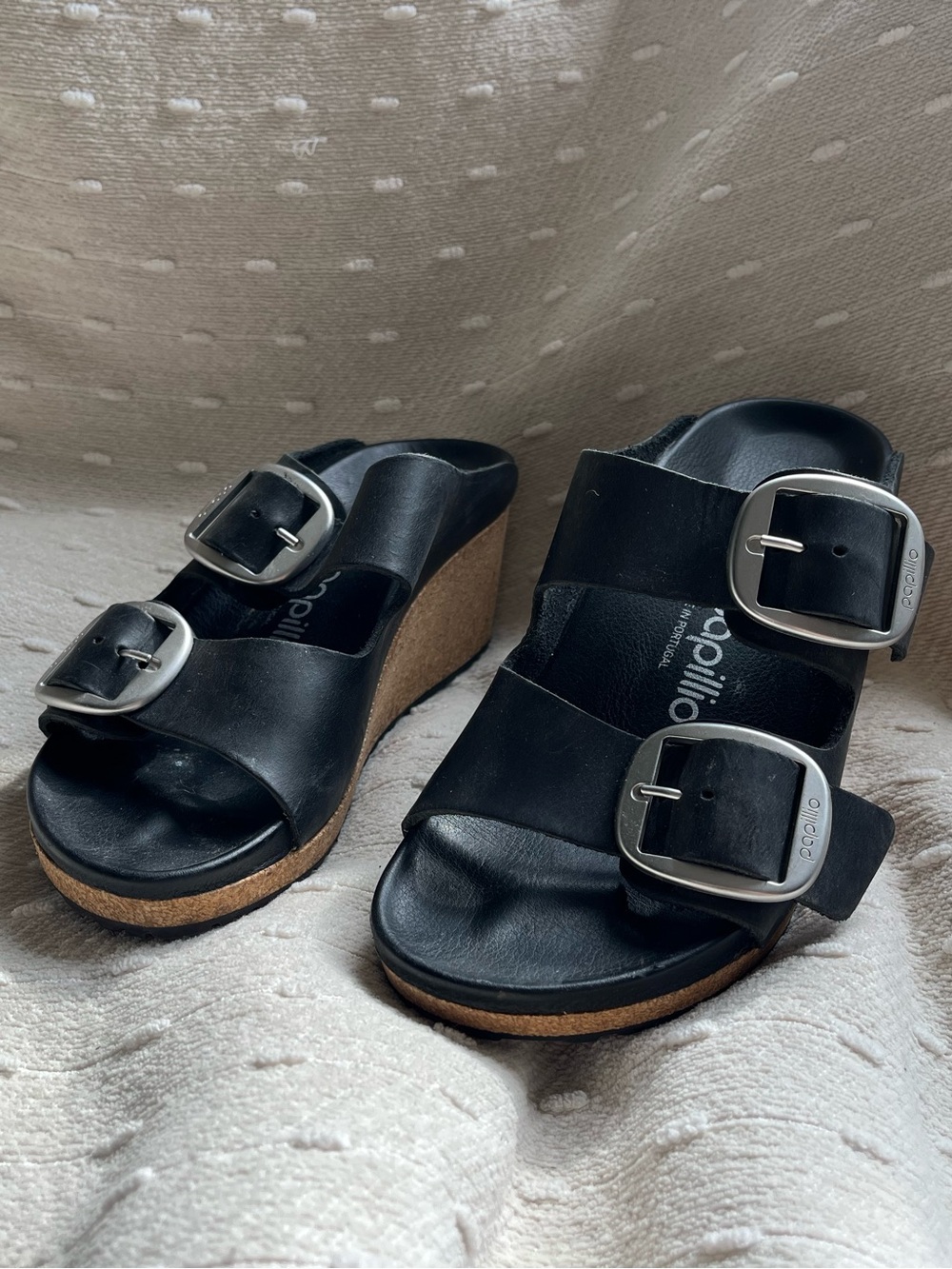Birkenstock Papillio Black Leather Wedge Sandals